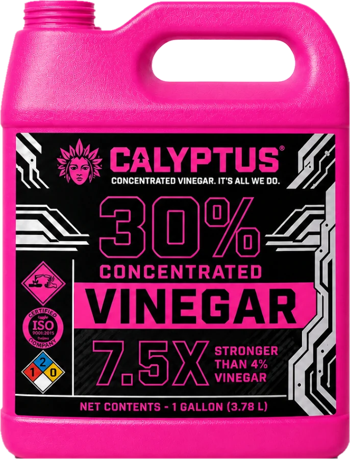 Calyptus 30% Concentrated Vinegar, 1 gallon jug in pink with a black label