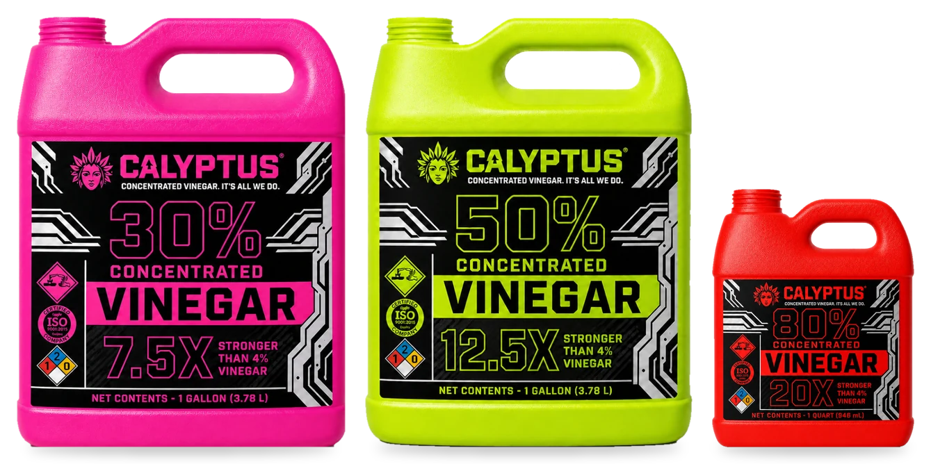 The Calyptus concentrated vinegar family: jugs color-coded by strength